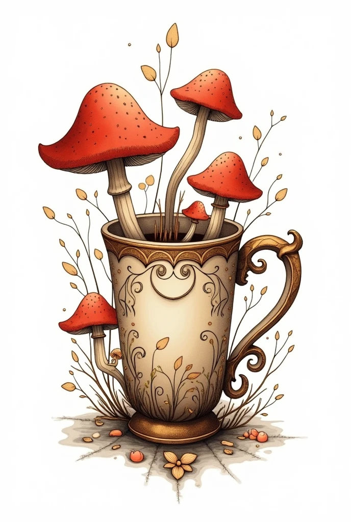 Logo for magical mushroom coffee, coffee mug, simple vector design, ink, white background, colors, alphonse mucha style