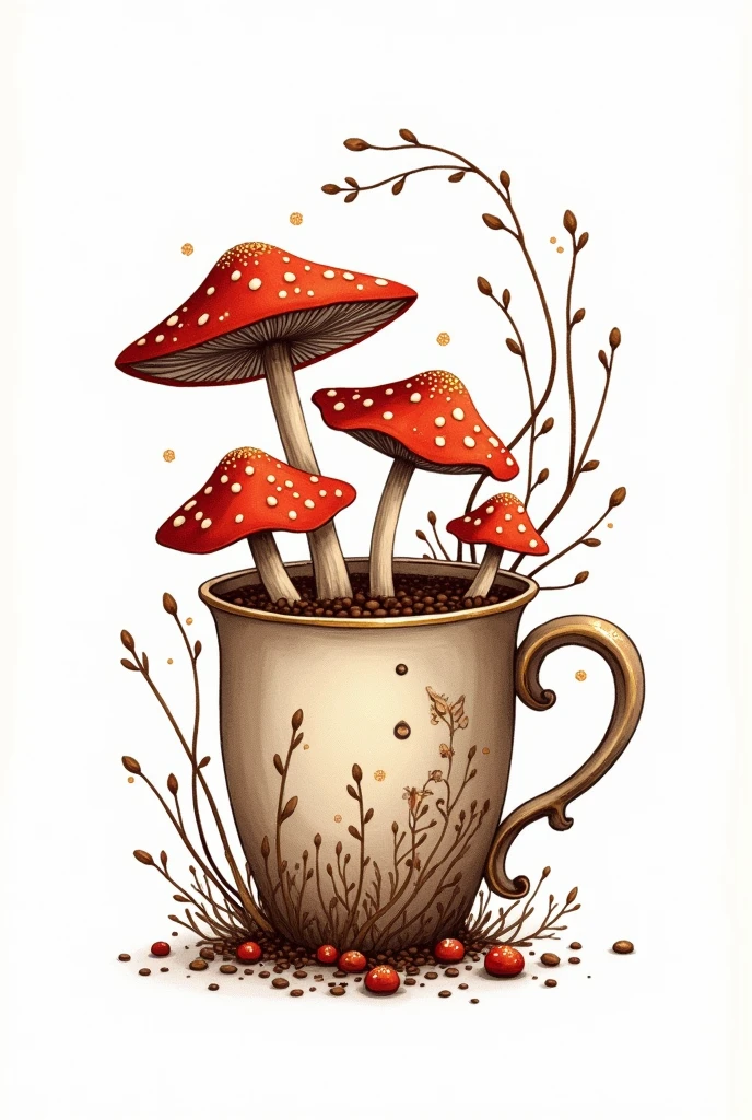 Logo for magical mushroom coffee, coffee mug, simple vector design, ink, white background, colors, alphonse mucha style