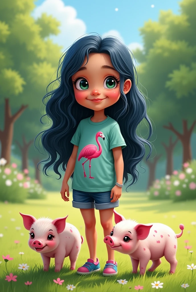 A BEAUTIFUL 6-YEAR-OLD GIRL WITH LONG, WAVY, BLUE-BLACK HAIR AND WITH PIGLETS AND SHE HAS VITILIGO AND HETEROCROMIA IN HER EYES AND A SCAR ON HER LEFT EYE AND SHE WEARS A FLAMENGO TEAM T-SHIRT with vitiligo spots on her skin