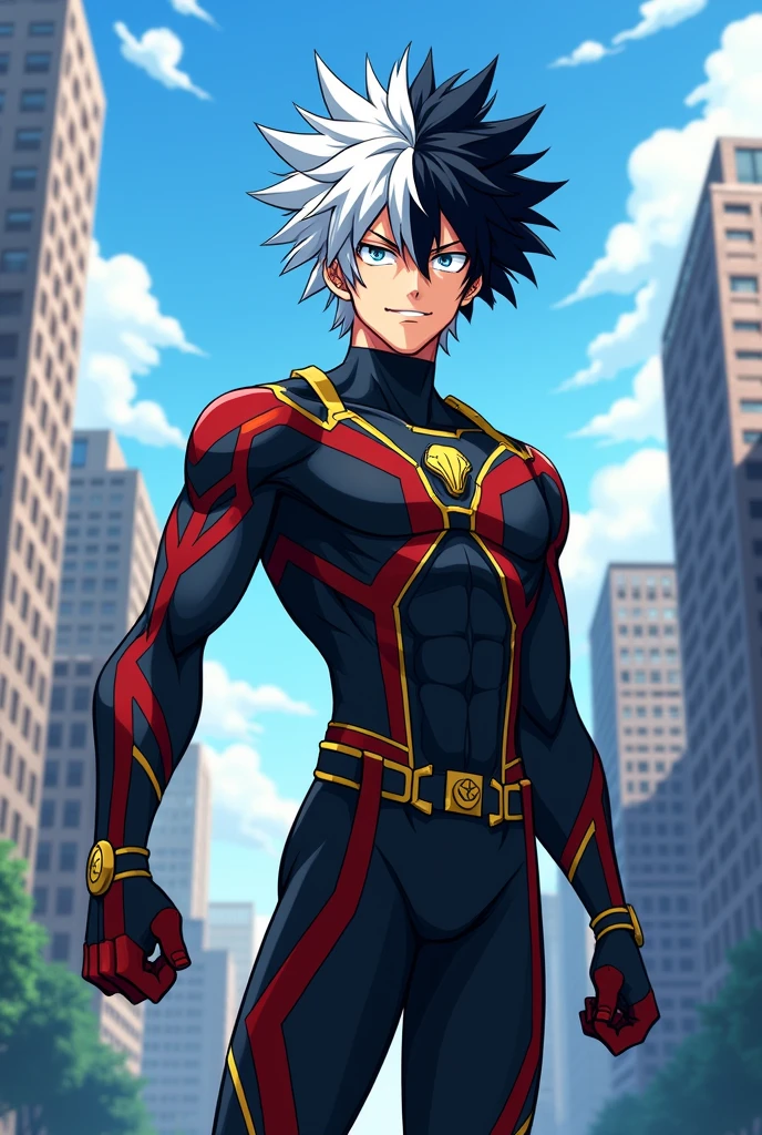 Male character in the style of My hero academia, half white and half black hair, slender but with muscles, high