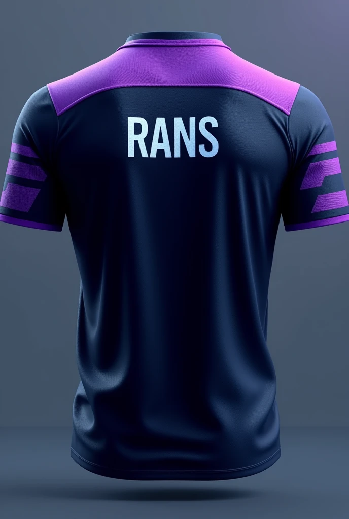 Mobile Legends Esports Team Jersey Back, Purple Collar: The jersey collar will be given a striking purple color., provides an interesting accent and adds dimension to the design.Striped Motif on Sleeves: Around the arm, there will be a purple striped motif that circles, adds a dynamic and sporty impression to the jersey.Player Name "RANS": The player's name will be displayed in the center of the back in a modern, bold font., in white or light blue to contrast with the navy color of the jersey.This design is now more detailed and personal., reflects the unique identity and style of the Vortex Elite team..