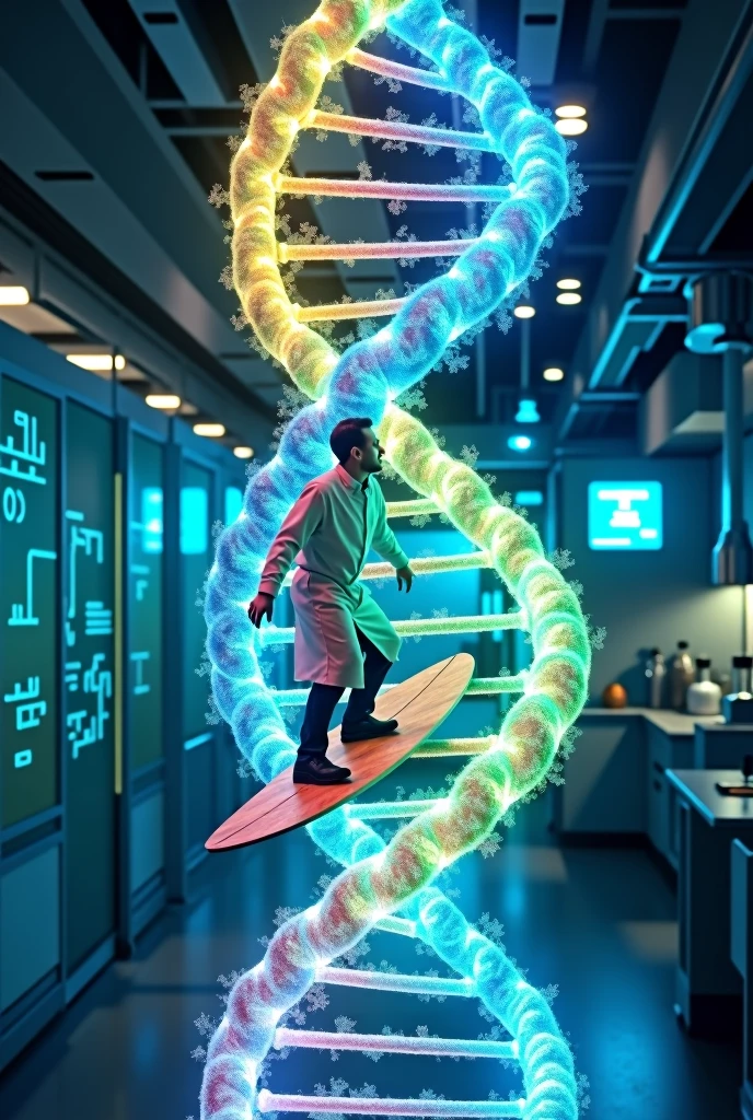 a scientist wearing white apron, surfing a DNA molecule with four bases colours