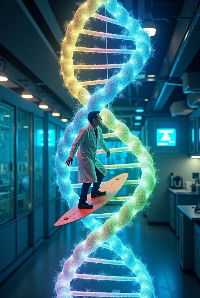 a scientist wearing white apron, surfing a DNA molecule with four bases colours