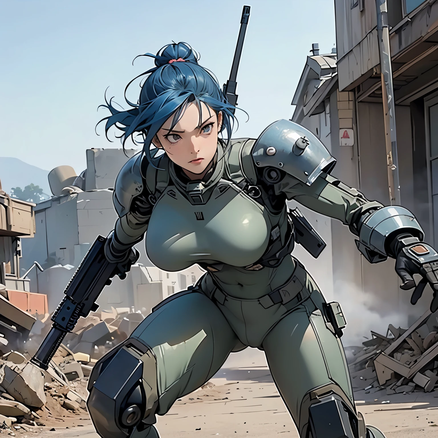 nsfw, anime screencap, 16K, perfect anatomy proportion body, perfect hands, action, A dynamic composition with a sense of speed and movement, (Hold an assault rifle:1.6), a wife, 40age, perfect beautiful delicate sexy face, erfect beautiful delicate drooping eyes, blue hair, hair bun, large breasts, abs, Camouflage-colored heavy armored steam engine full armor powered suit, Many heavily armored robot soldiers are engaged in a firefight in the background., Flying bullets, Ruined ancient city, war, Post-apocalyptic,