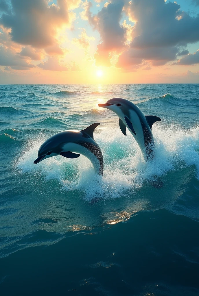 A vast ocean with many dolphins swimming above shot