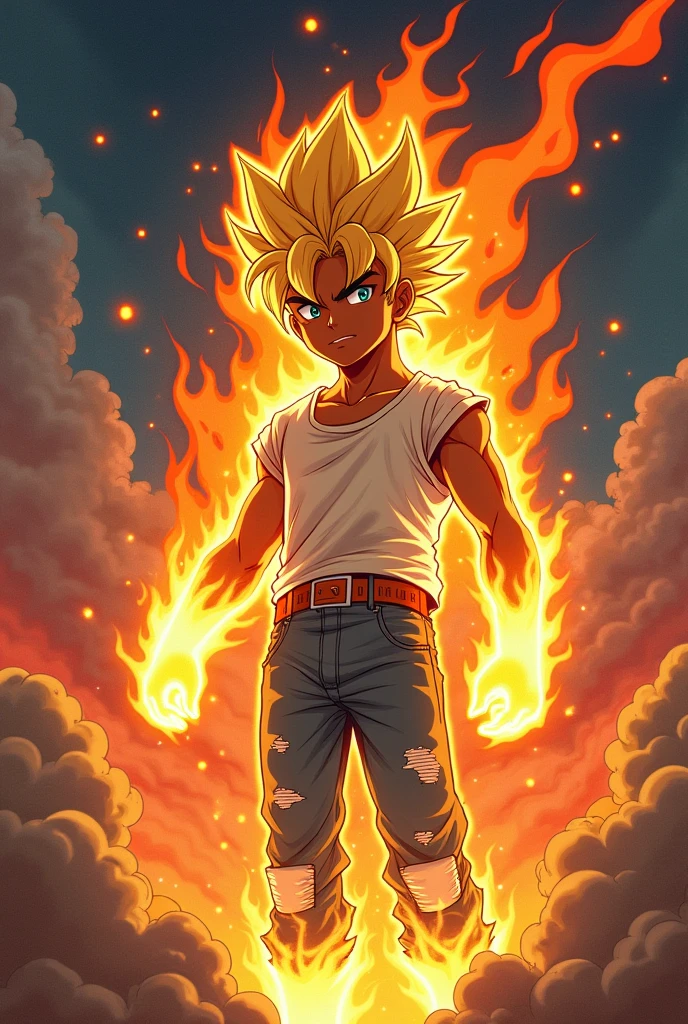 a dark-skinned boy, wearing a ripped-sleeved shirt and ripped jeans, transformed into a blond warrior with flaming aura, 90's anime style