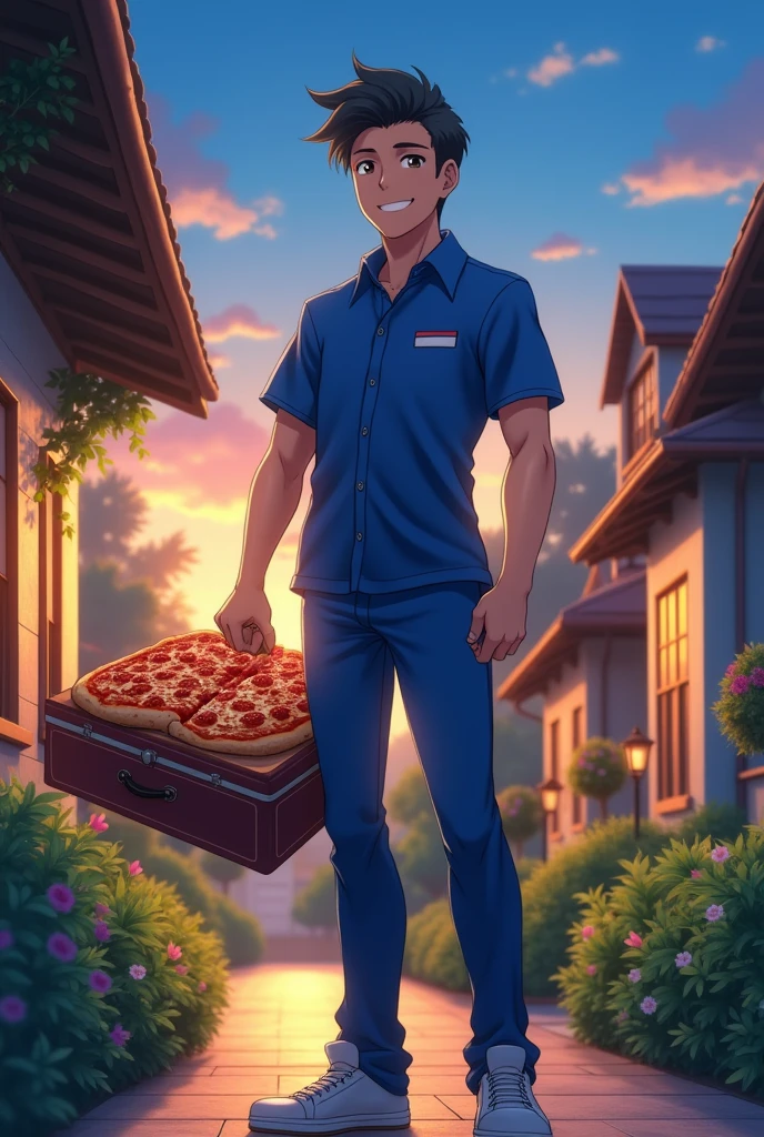 Pizza Delivered Anime Man with Suitcase Home Delivery Blue Uniform 
