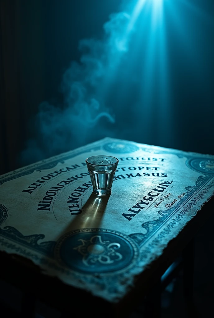 "Create a dark and enigmatic image of a Ouija board in a mysterious setting. The board must be in focus, with an ancient and mystical aesthetic, featuring classic letters and numbers. Add a small glass cup, known as planchette, positioned on the board, suggesting that it is about to move. The background should be subtly illuminated by a dim, bluish light., creating an atmosphere of suspense and mystery. Add dark details like soft shadows and light fog, with a touch of supernatural aura. This image should capture the essence of a pastime that connects with the beyond., evoking a sense of curiosity and mystery, reflecting the intriguing tone of the story about the purchase of Silvio Santos.