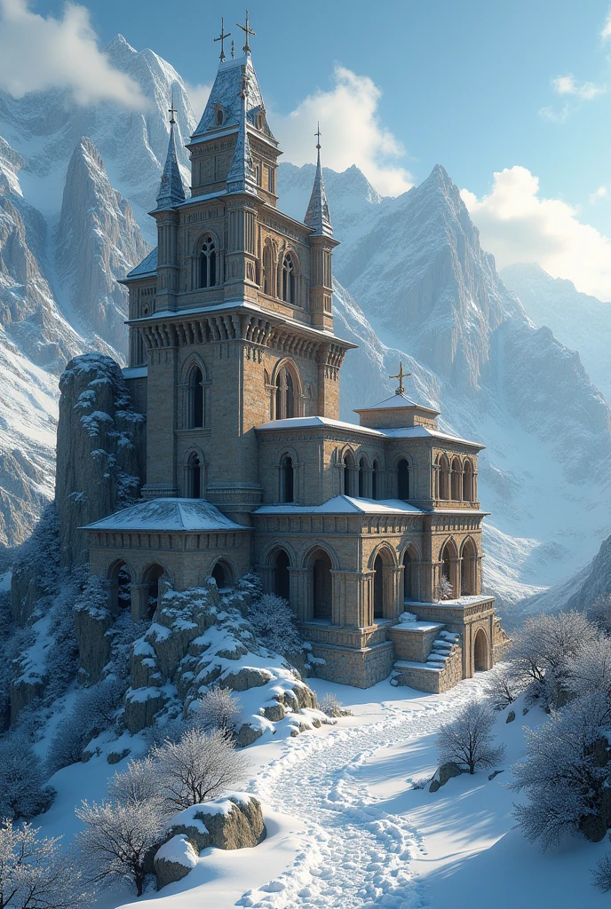 A massive monastary made of stone built atop a snowy alpine mountain. The skeleton of a massive ancient dragon is built into the monastary.