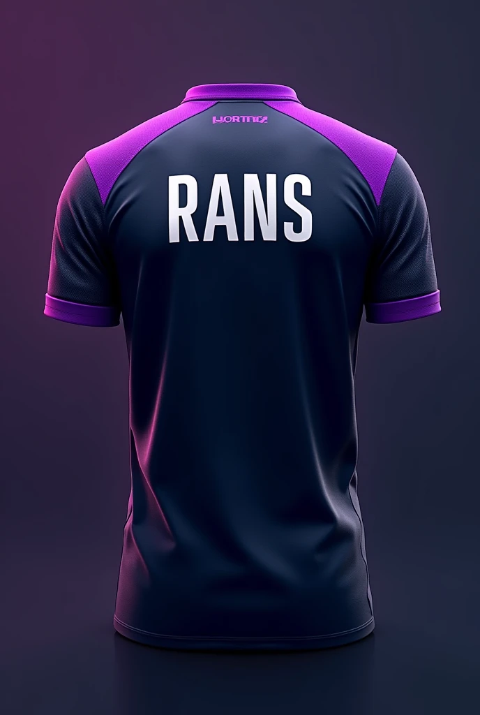 Mobile Legends Esports Team Jersey Back, Purple Collar: The jersey collar will be given a striking purple color., provides an interesting accent and adds dimension to the design.Striped Motif on Sleeves: Around the arm, there will be a purple striped motif that circles, adds a dynamic and sporty impression to the jersey.Player Name "RANS": The player&#39;s name will be displayed in the center of the back in a modern, bold font., in white or light blue to contrast with the navy color of the jersey.This design is now more detailed and personal., reflects the unique identity and style of the Vortex Elite team..