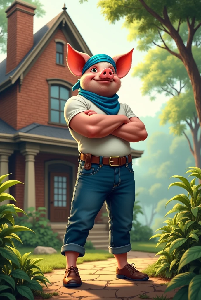 full-body illustration, (1male piglet:1.2), (satisfied expression:1.3), wearing a white t-shirt, blue jeans, brown gales and brown belt, and a blue bandana, (strong and hardworking:1.3), looking at the camera with satisfaction, in the background there is a two floor simple brick house with pillars and chimney in the middle of a jungle with trees, (nature background:1.2), sunlight filtering through the trees, (soft lighting:1.3), (warm and green color scheme:1.3), (highly detailed), (ultra quality:1.3), (masterpiece), (digital art), 8K resolution, HDR, depth of field, (soft shadows), (photorealistic:1.3), (animation:1.2), (by Greg Rutkowski:0.9), (in the style of Alphonse Mucha), trending on ArtStation, award-winning art