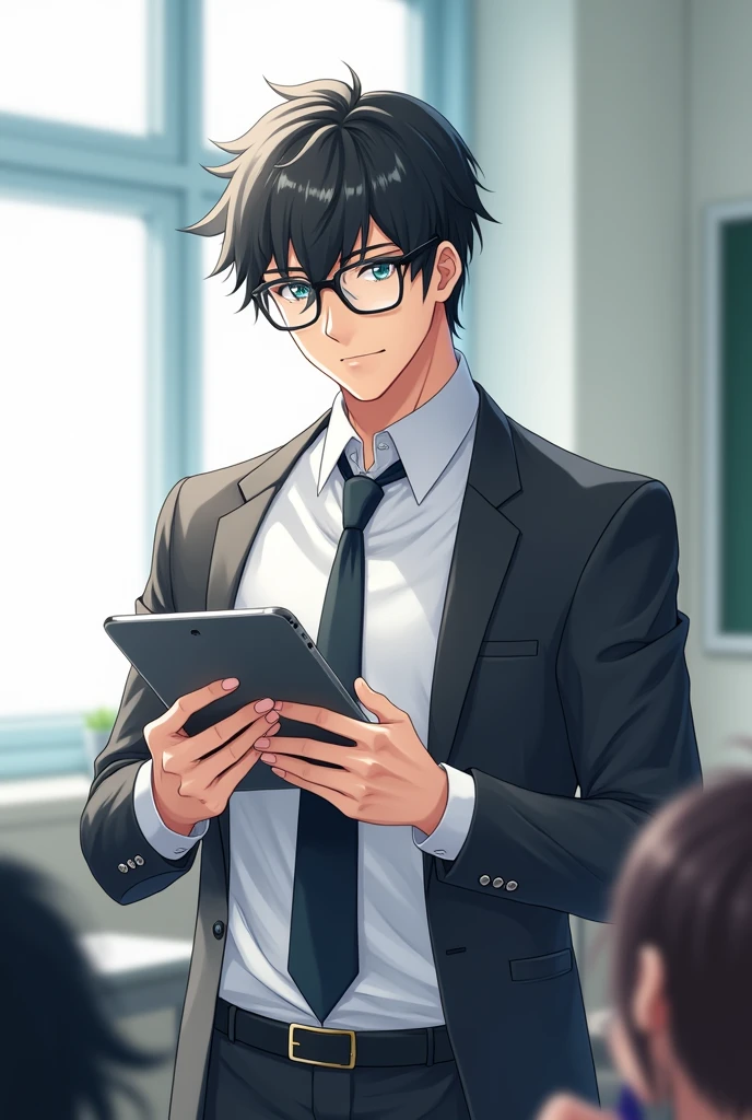 Black hair male teacher, glasses, white shirt and tie, jacket, holding an iPad, anime image, white background, 1080p image
