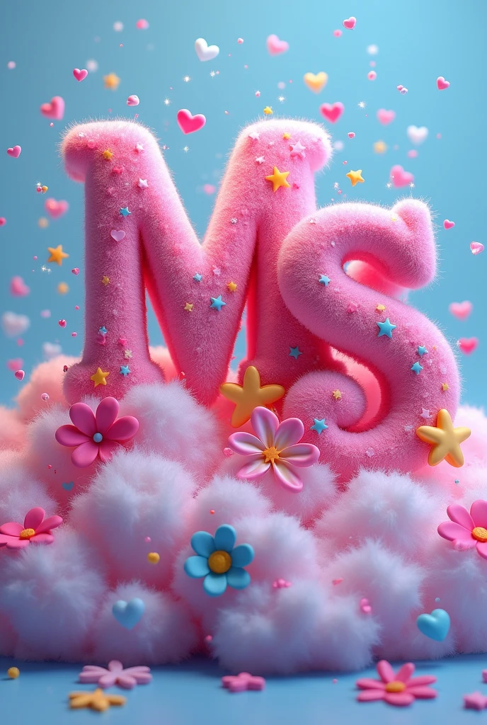 A stunning 3D render featuring the name "M S" in a playful, Lisa Frank-inspired cursive style. The letters are surrounded by a fluffy, multicolored cloud that sparkles and cascades with hearts, sparkles, flowers, and stars, creating a whimsical and lively atmosphere. The vibrant color palette, consisting of both pastels and bright shades, adds to the overall cuteness and energy of the design. This enchanting typography is furry texture. The 3D render showcases exceptional attention to detail, capturing the essence of joy and life in every aspect., vibrant, typography, 3d render