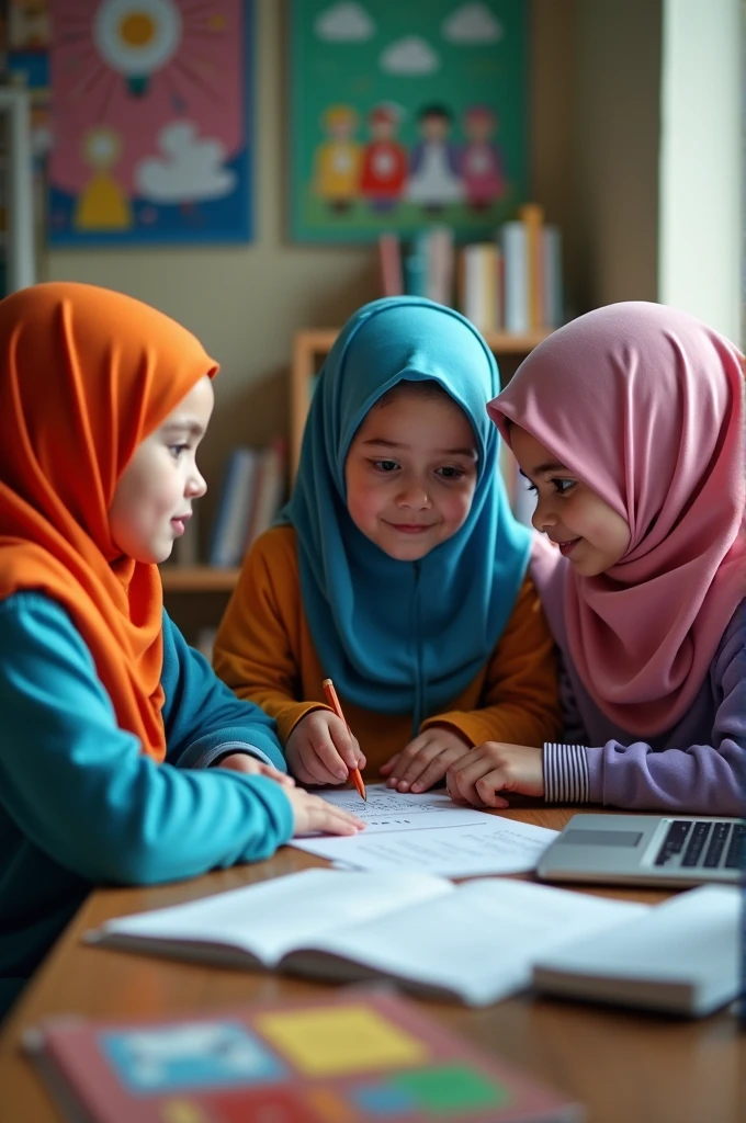 Three of hijab girls with one of them is chubby and they are working and study about information technology course.