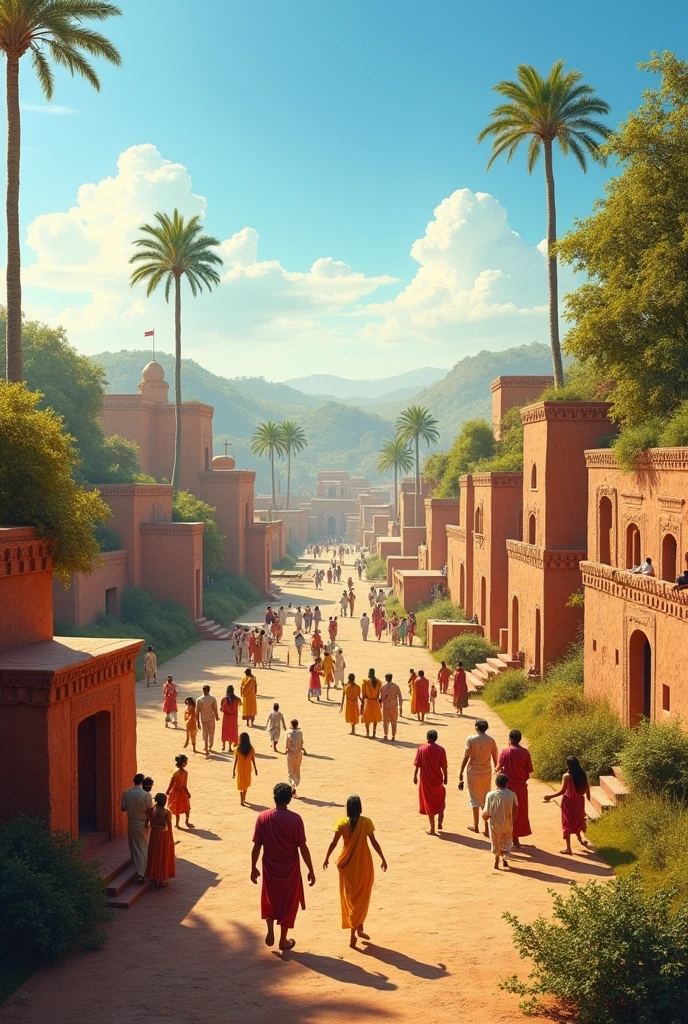 Draw a picture of the lush landscape of Mohenjo Daro Please make it a scene of many people walking.