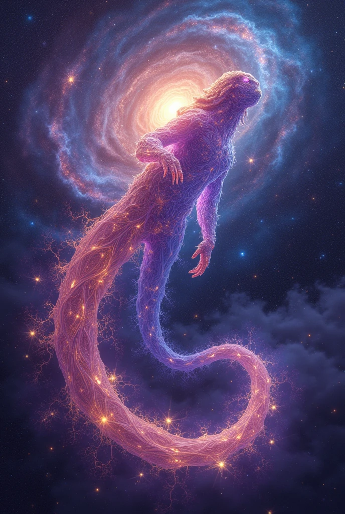 Make an image that describes cosmic consciousness with a great feat of universes and galaxies a relativistic creature a cosmic monster made of plasma