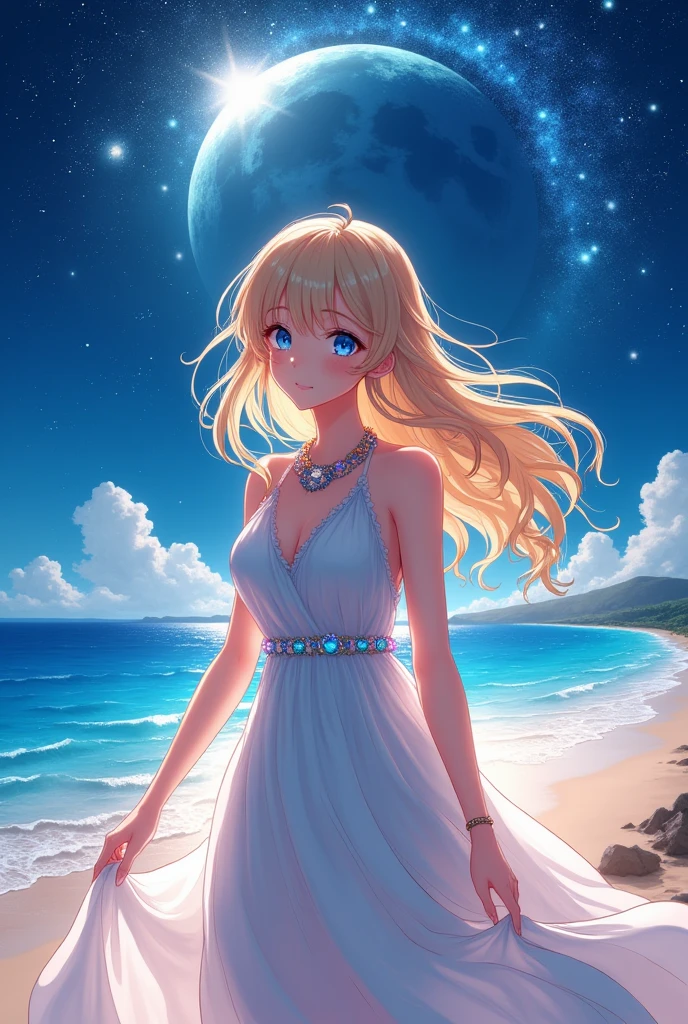 (masterpiece、Highest quality、8k、High resolution)、(The best beautiful girl)、Best Style、(The most beautiful face)、Clear skin、Clean blue eyes、Beautiful lips、smile、Beautiful white upper teeth、Beautiful nose、Blonde Hair、Ample breasts、Walking on the sand、look back、Ocean、You can see the forest、A bright night with stars visible、Beautiful starry sky、full moon、milky way、(体whole bodyから神秘的な光の粒子、Colorful Light)、(jewelry、necklace)、dress、(whole body)、Highly detailed anime art、A complete portrayal、Detailed CG、