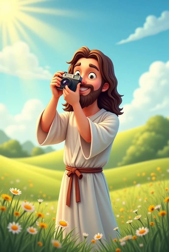 Jesus in a peaceful setting, He is wearing a simple robe and holding a camera., Jesus has the camera in his right eye, holding the camera with both hands, taking a picture, The scene can convey a sense of peace and joy, combining the modernity of the act of photographing with the traditional figure of Jesus. Do this in cartoon form