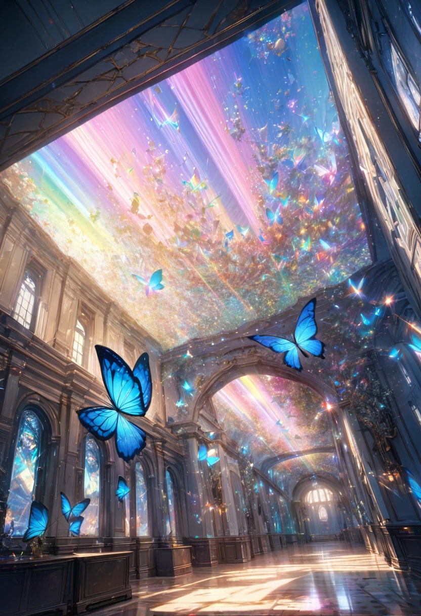 best quality, Super Fine, 16K, Ridiculous, Extremely detailed, Beautifully, Gorgeous and dynamic depiction, The floor of the room is covered with tiny prisms, wall, and ceiling, Shining light, Diffuse, Hologram projection of bright blue butterfly, And reproduced the flying scales, Rainbow, artwork