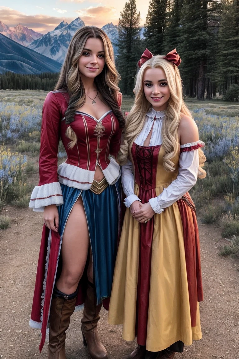 beautiful young woman brunette with long wavy hair dressed as Lady Bathroy and a blonde dressed as Harley Quinn, standing next to each other in Jackson Wyoming at dusk