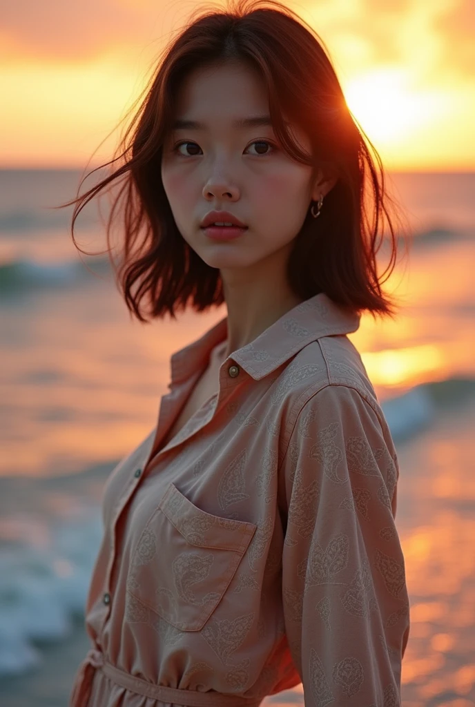 Beautiful one、Detailed eyes、、Highest quality, 超High resolution, (Reality: 1.4), Super Beauty、Beautiful Skin、Slender、Body facing forward、(Surreal)、(High resolution)、(8k)、(Beautiful and detailed eyes)、Detailed face、Bright lighting、Face Focus、Look straight ahead、(The costume is a damask shirt dress.)、Medium Hair, Evening scenery、Brown Hair、Japan is an idol、20-year-old、Seascape