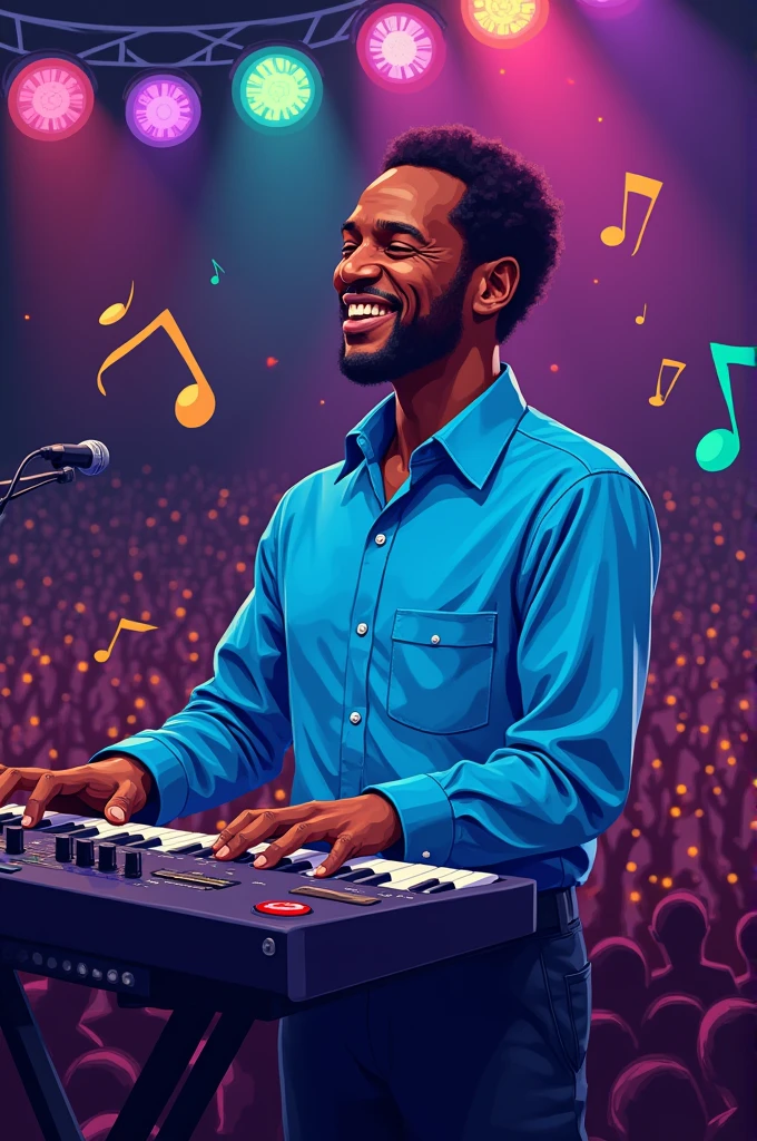 Herbie Hancock standing with blue shirt and with pixel art style 