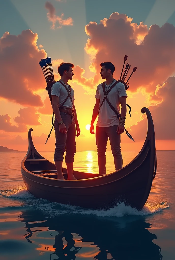 2 young gentleman carrying a bow and arrow, a small daggers in their waist, crossing the sea, with a beautiful scenery of a sun