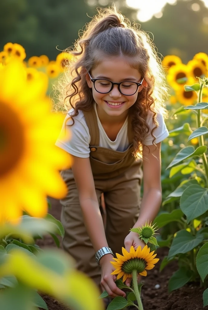 Girl with glasses works as a gardener pruning sunflowers