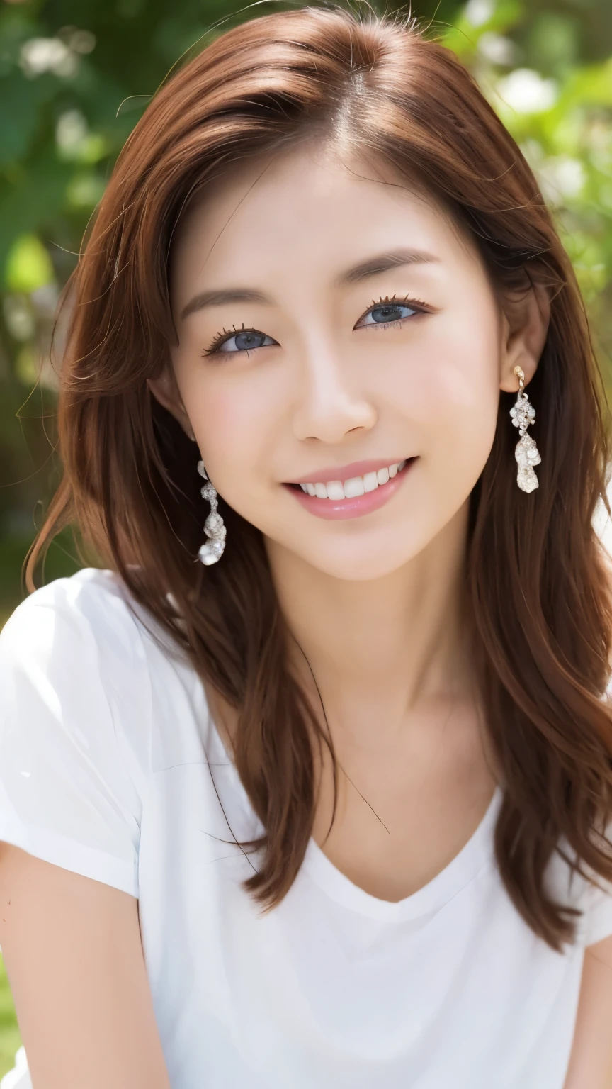 （Vibrant， High resolution：1.3）， 1. Have a perfect body， Highly detailed face and eyes，Long Hair，，(White short T-shirt、String,,,Brown Skin、Have sunburn marks、 Sexy pose),Grin, Full body shot lying on back