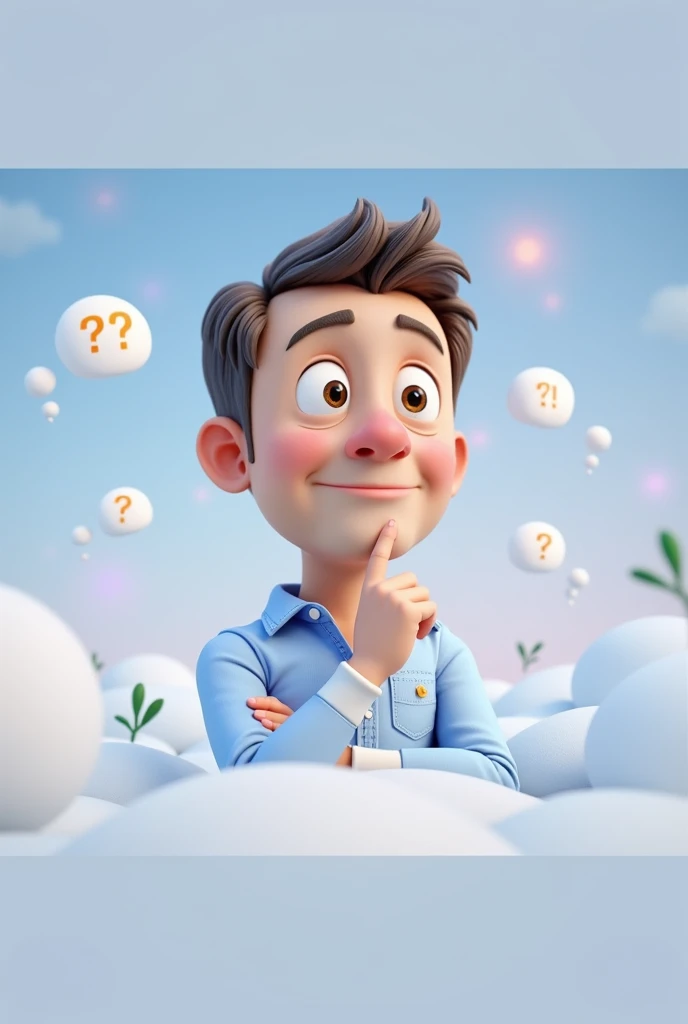 Cartoon character of a man blue shirt, 45 years old adult, an animated character, stylized character, animation style rendering, 3d stylized, Cartoon character of a man blue shirt, 45 years old adult, an animated character, stylized character, animation style rendering, 3d stylized, Looking up with a finger on the chin, as if reflecting