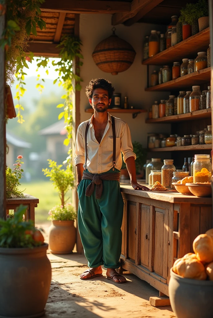 A shopkeeper in the shop . The shopkeeper name is karan and he is live in village 