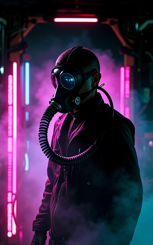 Recreate a futuristic man in a gas mask, neon lights, glowing details, intricate machinery, cyberpunk, highly detailed, cinematic lighting, dramatic shadows, moody atmosphere, dystopian future, photorealistic, 8k, hyper detailed, sharp focus, incredible detail, vibrant colors, chiaroscuro, dramatic composition, intricate mechanical design