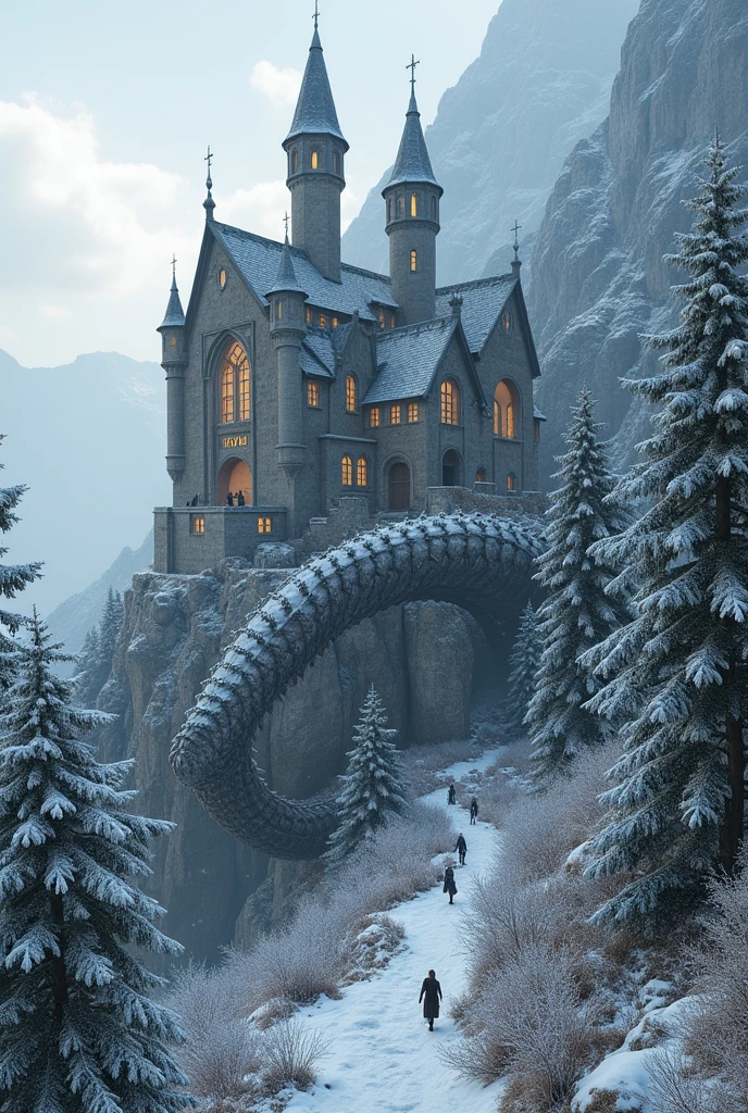 A massive monastary made of stone built atop a snowy alpine mountain. The skeleton of a massive ancient dragon is built into the monastary.