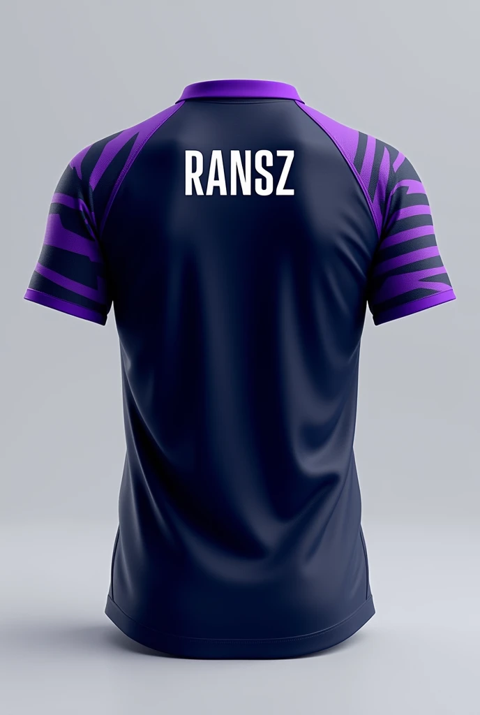 Mobile Legends Esports Team Jersey Back, Purple Collar: The jersey collar will be given a striking purple color., provides an interesting accent and adds dimension to the design.Striped Motif on Sleeves: Around the arm, there will be a purple striped motif that circles, adds a dynamic and sporty impression to the jersey.Player Name "RANSZ": The player's name will be displayed in the center of the back in a modern, bold font., in white or light blue to contrast with the navy color of the jersey.This design is now more detailed and personal., reflects the unique identity and style of the Vortex Elite team..