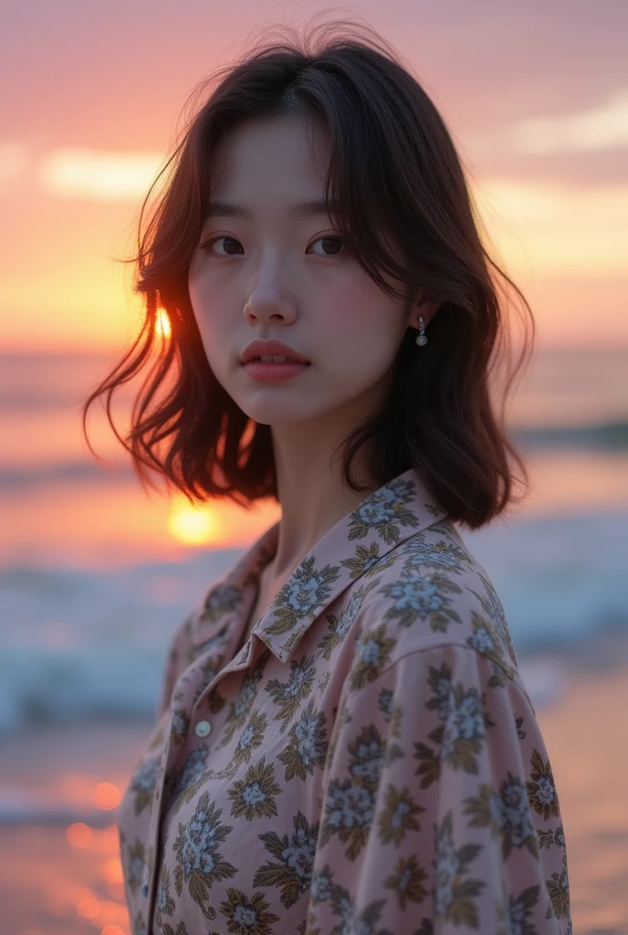 Beautiful one、Detailed eyes、、Highest quality, 超High resolution, (Reality: 1.4), Super Beauty、Beautiful Skin、Slender、Body facing forward、(Surreal)、(High resolution)、(8k)、(Beautiful and detailed eyes)、Detailed face、Bright lighting、Face Focus、Look straight ahead、(The costume is a damask shirt dress.)、Medium Hair, Evening scenery、Brown Hair、Japan is an idol、20-year-old、Seascape