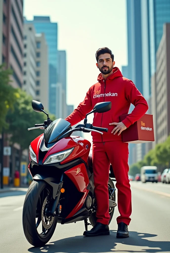 icon Motorcycle Insurance Delivery Man Red clothes The company name is demaekan