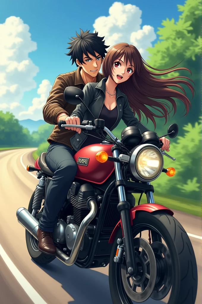 An anime man with black hair and dark maroon Eyes and he is sitting on the back seat of the bike an anime woman with long middle brunette hair and dark brown eyes and she is driving the bike and they are wearing biker Boyz outfit