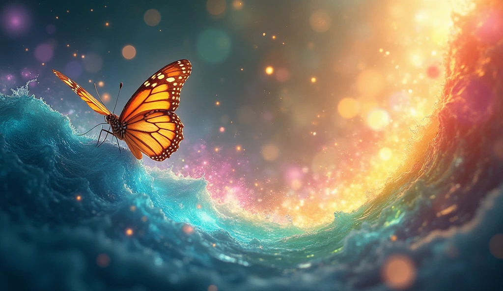 A butterfly effect illustration: a small butterfly flapping its wings on one side, leading to a massive, colorful wave of positive change on the other side. Include symbols of miracles like rainbows or light beams., photo
