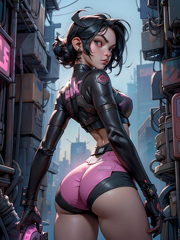 ((medium breast, tomboy girl, small head)), daylight, sunlight, (perfect body : 1.1), (short wavy hair : 1.2) , choker, full body shot,  ((wearing a pink see-through tight wet tube crop top)), ((miniskirt)), (extremely detailed CG 8k wallpaper), (an extremely delicate and beautiful), (masterpiece), (best quality:1.0), (ultra highres:1.0), beautiful lighting ,stiff nipple, cameltoe, perfect lightning,pulling skirt, realistic shadows, [highres], detailed skin, ultra-detailed, spread thigh, one leg up, squatting on the floor, black thighhigh, boots, large earring, thighs, (((colorful))), (loosely worn top), beauty mark, angle from below suitable for viewing in public places, perfectly