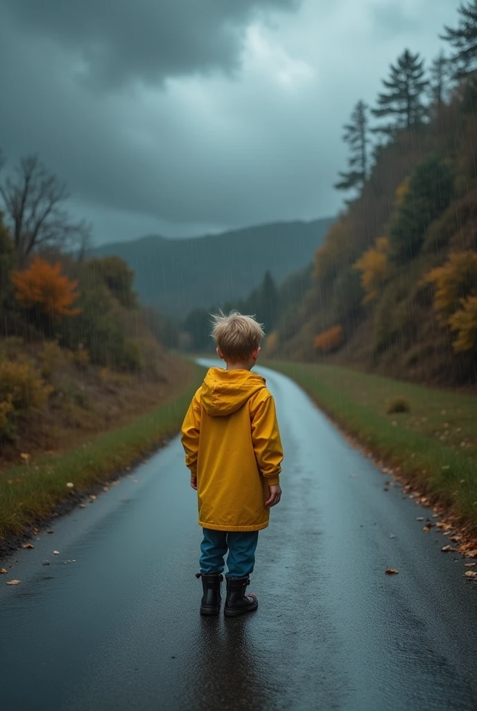 A Boy standing in a road during Rain