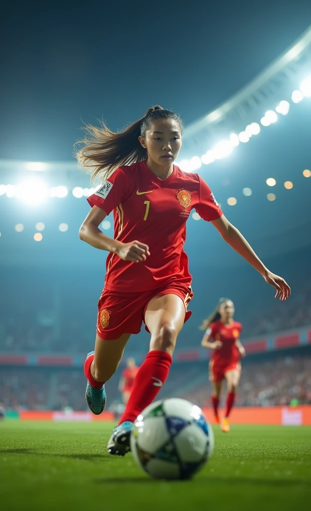 Chinese women's football，Beautiful facial features，White skin，Close-up of training，Steals，Shot，Dribble， World Cup stadium as background