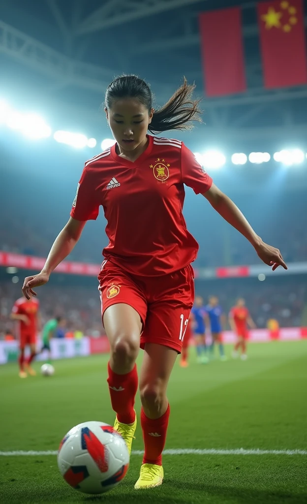 Chinese women's football，Beautiful facial features，White skin，Close-up of training，Steals，Shot，Dribble， World Cup stadium as background