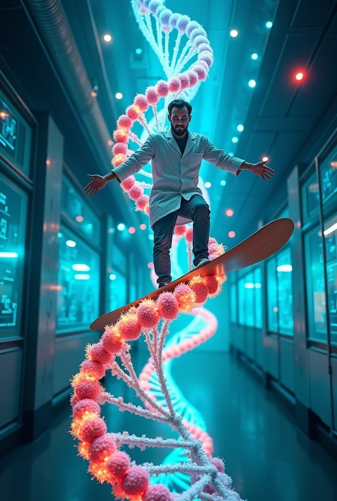 a scientist wearing white apron, surfing a DNA molecule with four bases colours