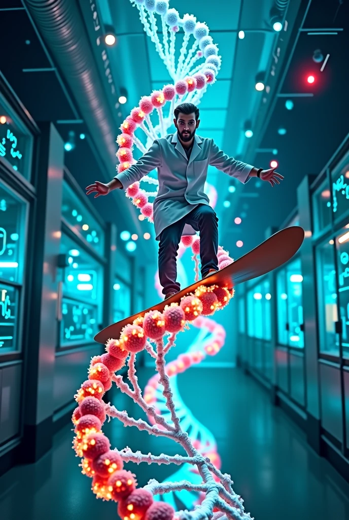 a scientist wearing white apron, surfing a DNA molecule with four bases colours