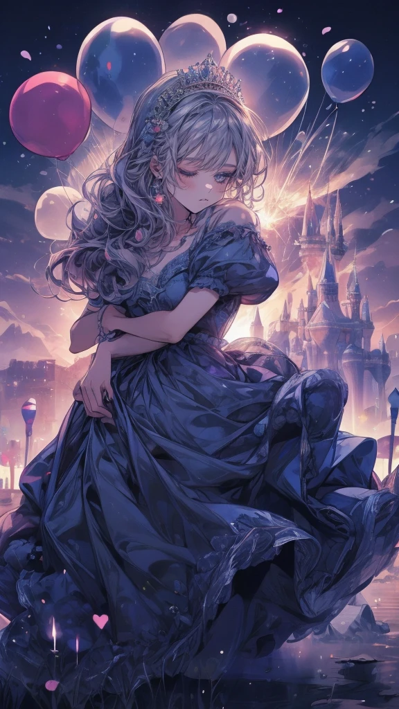 Princess、Prince、A long blue dress、Dance、Castle、firework、A lot of balloons、smile