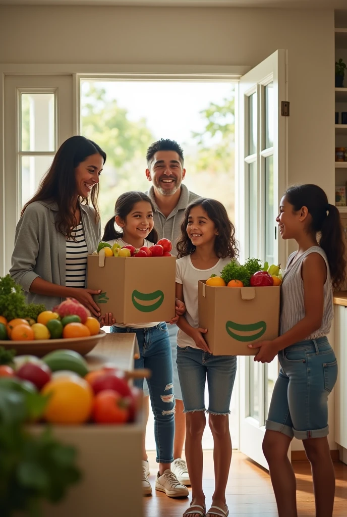 I need an Amazon Fresh ad where a family receives a delivery very satisfactorily when receiving fresh and packaged products, and add the following phrase in Latin Spanish ADD THE PHRASE "Your trust in Amazon Fresh means everything to us."
please