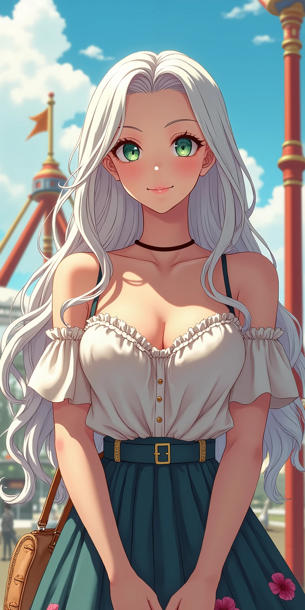 (best quality, ultra-detailed, photorealistic: 1.39), bright and vibrant colors, studio lighting, romantic expression, An effeminate warrior, with a delicate and beautiful face. She is a girl who reflects seductive beauty, sparkling greenish eyes, a beautiful woman with her long wavy white hair, her greenish eyes match her smile of a woman in love, her large breasts seduce, wearing a beautiful simple blouse, ruffles on the neckline, her flowered pleated skirt highlighted by the wind, waiting in front to the amusement park, small women's shoulder strap bag, amusement park as background, anime style
