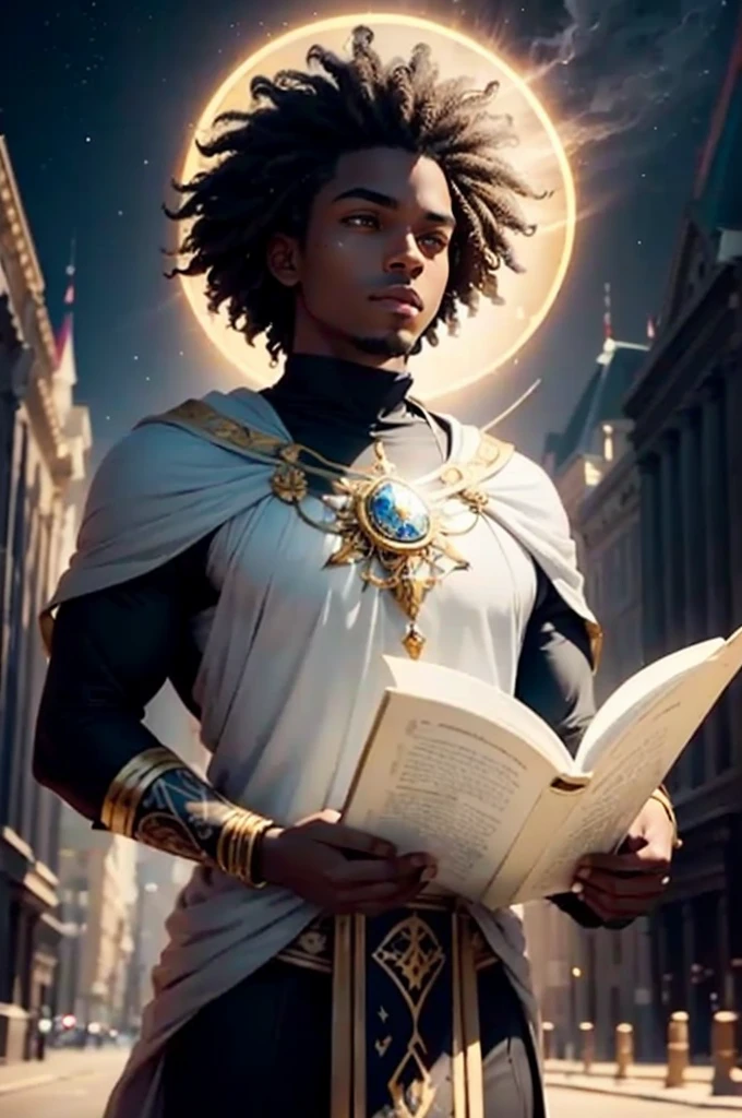 Create an image of Kalel as a celestial messenger, depicted as a Black person with dark skin and short, well-defined curly hair. Kalel should be flying above a modern city at night, enveloped in radiant light emanating from his hands while holding an ancient scroll that glows with sacred symbols. The city below should be lit with artificial lights, contrasting with the divine light that Kalel carries with him. The color palette should include shades of silver, dark blue, and gold, and the artistic style should be mystical and contemporary, capturing the duality between the sacred and the modern.