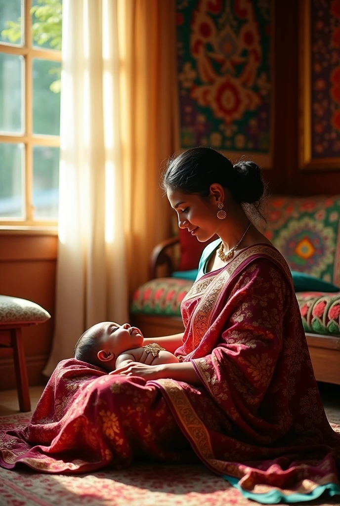 An Indian mother is sitting in a saree and her little baby is lying with his head on her lap and her mother is putting her hand on the boy's head.