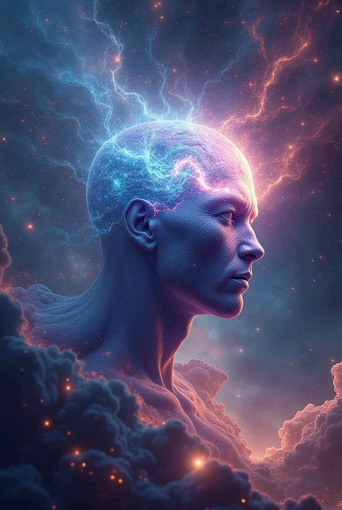 Make an image that describes cosmic consciousness with a great feat of universes and galaxies a relativistic creature a cosmic monster made of plasma just a face and a brain